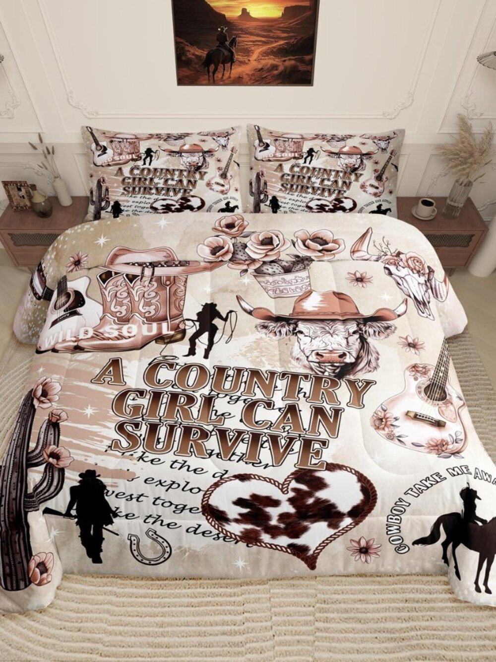 Western Cowgirl Comforter Set King Size,Cactus Highland Cow Fur Print Bedding